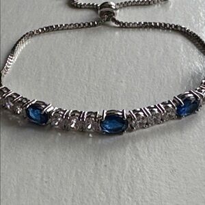 Adjustable Sterling Silver Bolo Bracelet with CZ and Lab-Created Sapphires